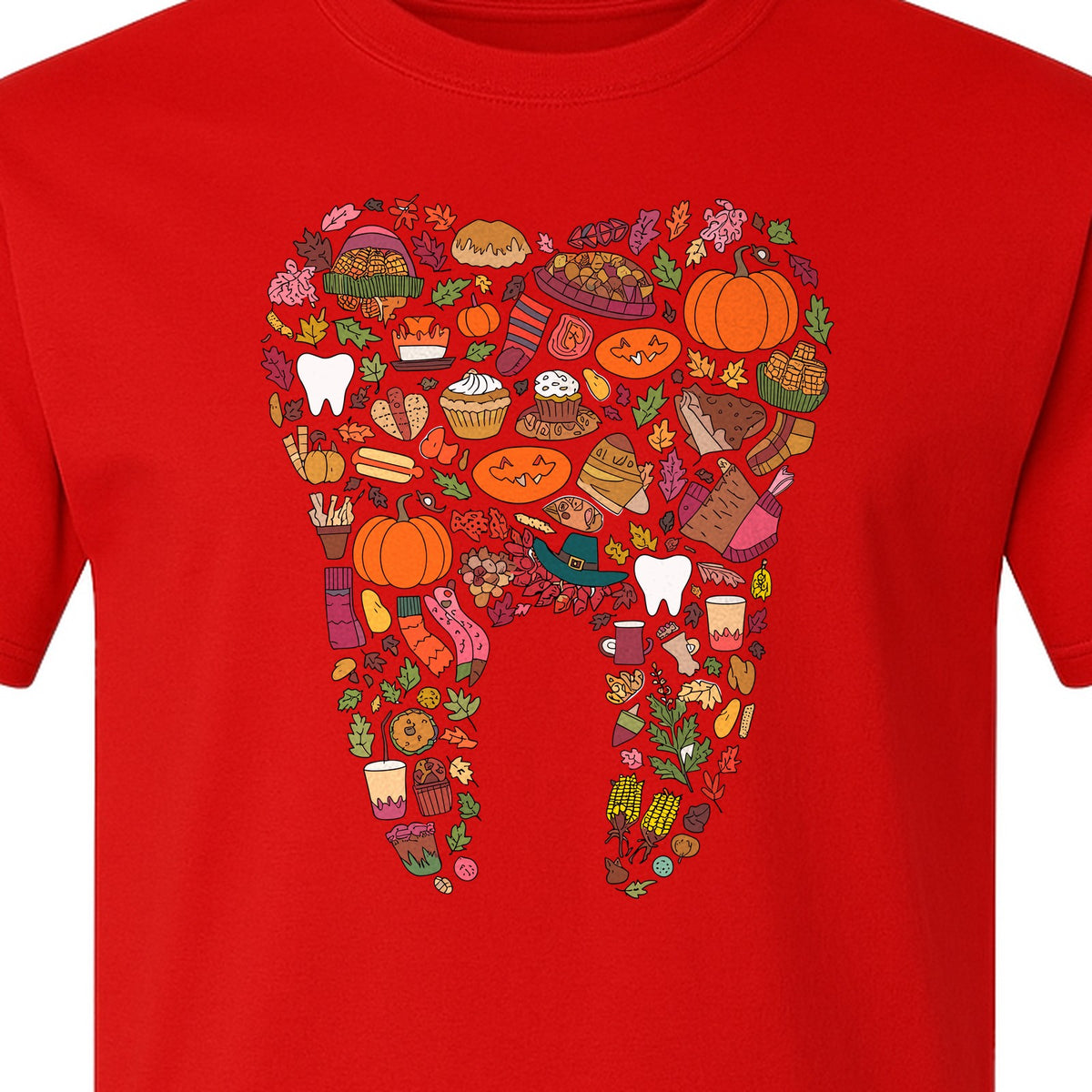 Dentist T-Shirt, Autumn Tooth Collage Graphic Tee for Dental Professionals and Thanksgiving Gifts