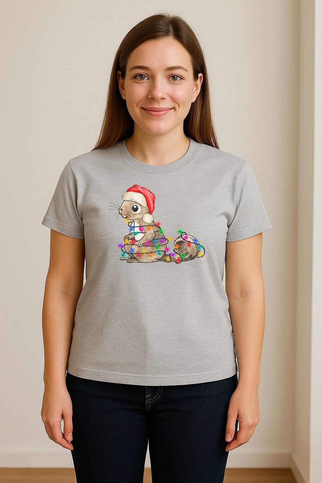 Christmas Squirrel Lights T-Shirt, Santa Hat Holiday Graphic for Winter Gatherings and Woodland Fans