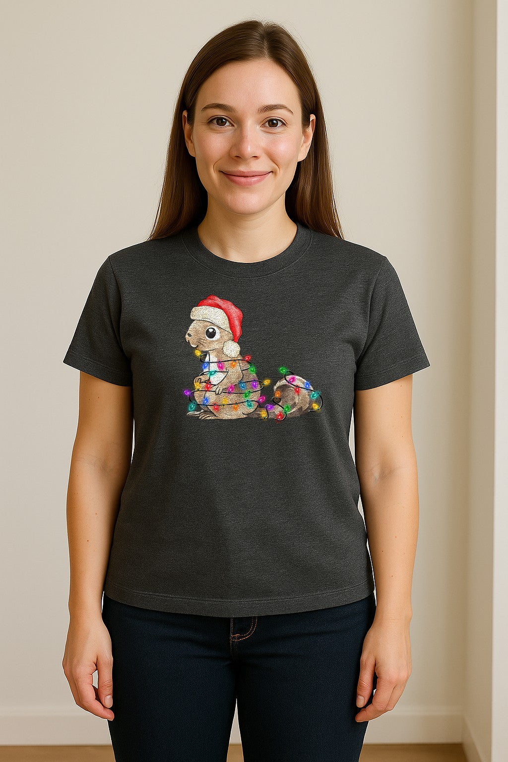 Christmas Squirrel Lights T-Shirt, Santa Hat Holiday Graphic for Winter Gatherings and Woodland Fans