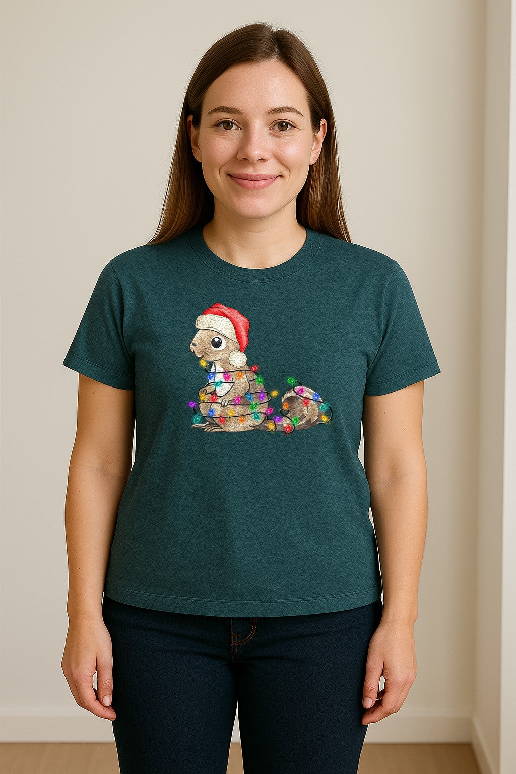Christmas Squirrel Lights T-Shirt, Santa Hat Holiday Graphic for Winter Gatherings and Woodland Fans