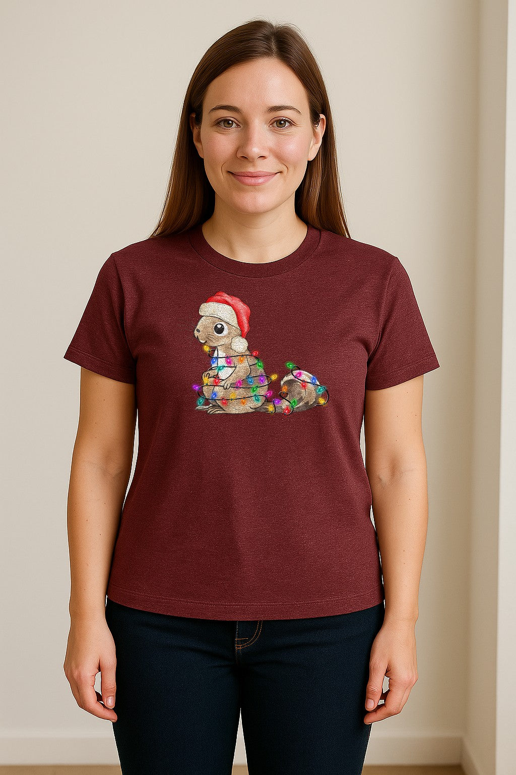 Christmas Squirrel Lights T-Shirt, Santa Hat Holiday Graphic for Winter Gatherings and Woodland Fans