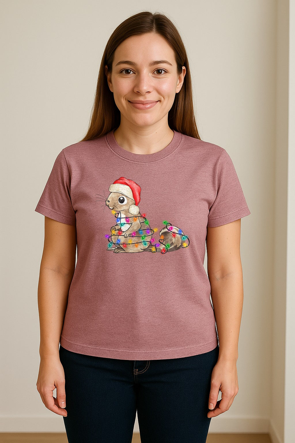Christmas Squirrel Lights T-Shirt, Santa Hat Holiday Graphic for Winter Gatherings and Woodland Fans