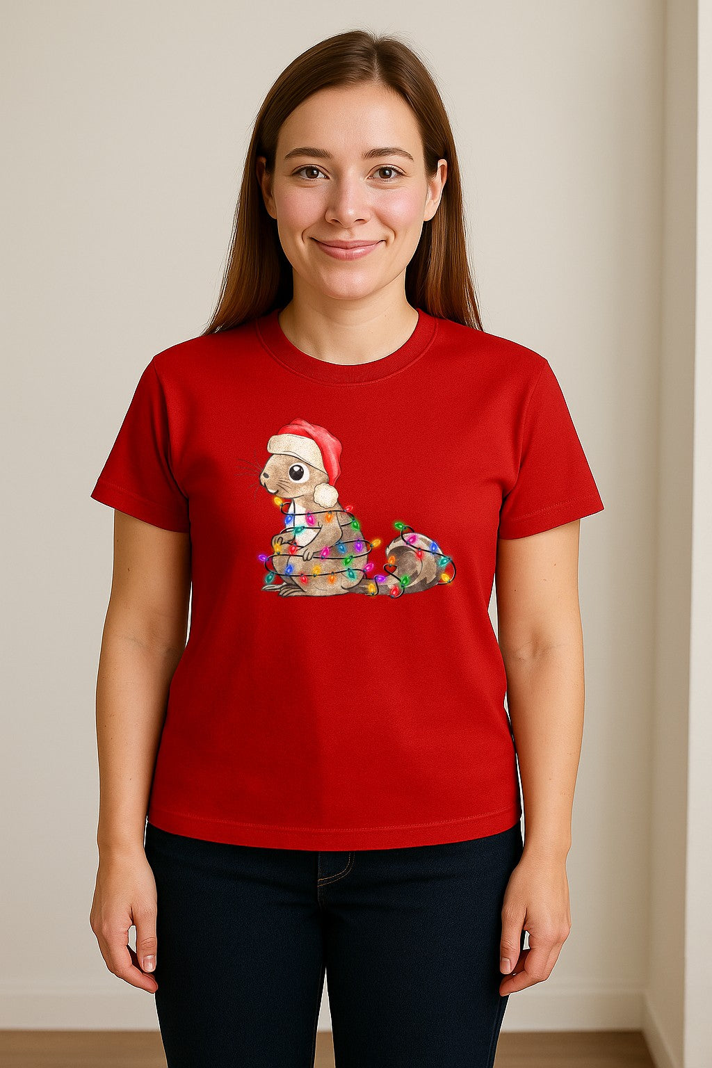 Christmas Squirrel Lights T-Shirt, Santa Hat Holiday Graphic for Winter Gatherings and Woodland Fans