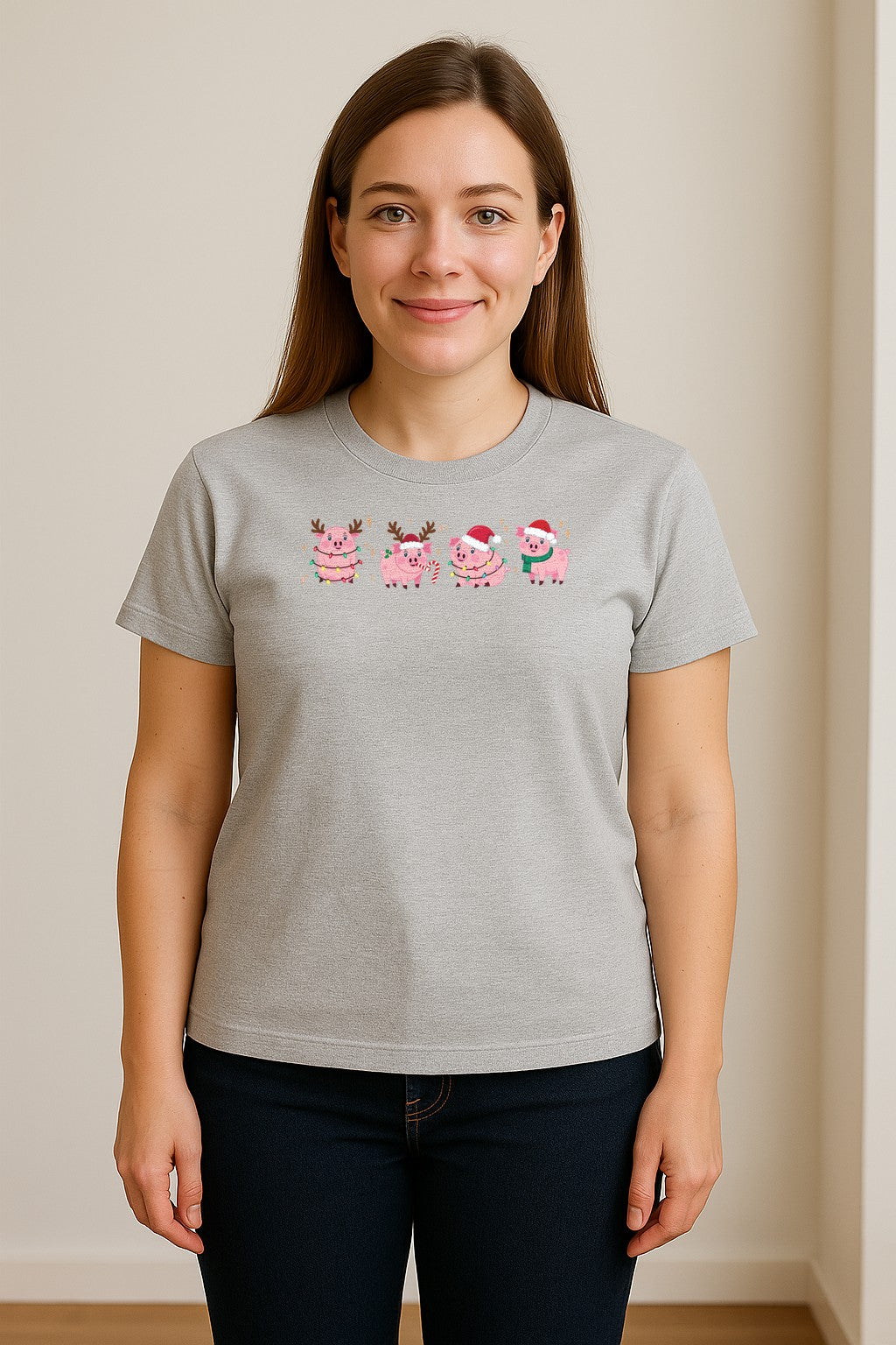 Christmas Pig T-Shirt, Cute Santa and Reindeer Farm Animal Holiday Design for Swine Fans