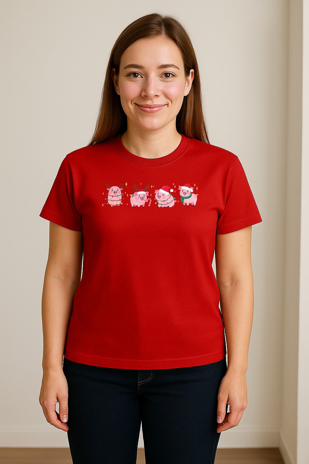 Christmas Pig T-Shirt, Cute Santa and Reindeer Farm Animal Holiday Design for Swine Fans