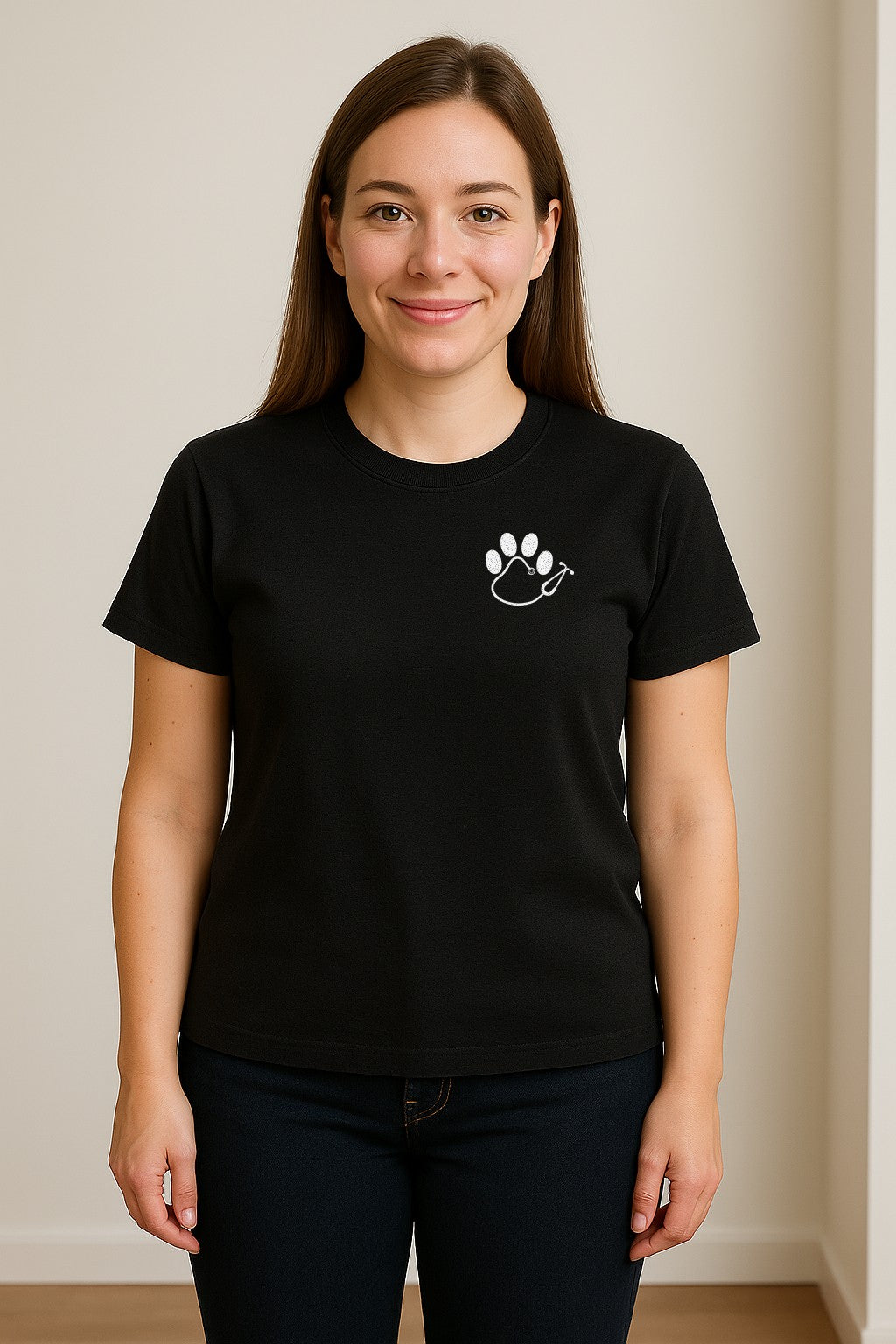 Vet Tech T-Shirt, Paw Print and Stethoscope Pocket Design for Veterinary Students