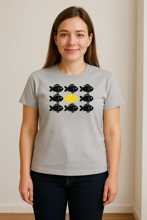 Individuality T-Shirt, One Yellow Fish in a School Design for Educators, Counselors and Mentors