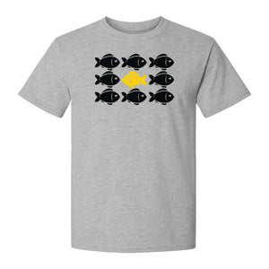 Individuality T-Shirt, One Yellow Fish in a School Design for Educators, Counselors and Mentors