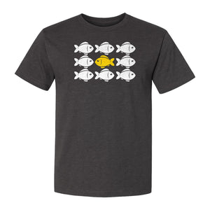 Individuality T-Shirt, One Yellow Fish in a School Design for Educators, Counselors and Mentors