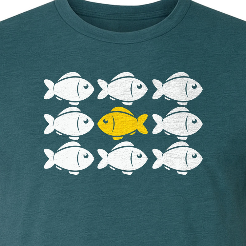 Individuality T-Shirt, One Yellow Fish in a School Design for Educators, Counselors and Mentors