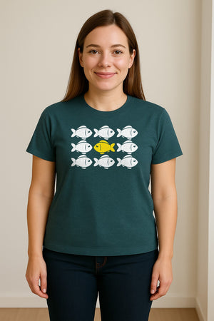 Individuality T-Shirt, One Yellow Fish in a School Design for Educators, Counselors and Mentors