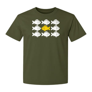 Individuality T-Shirt, One Yellow Fish in a School Design for Educators, Counselors and Mentors