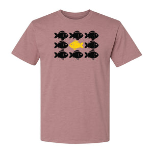 Individuality T-Shirt, One Yellow Fish in a School Design for Educators, Counselors and Mentors