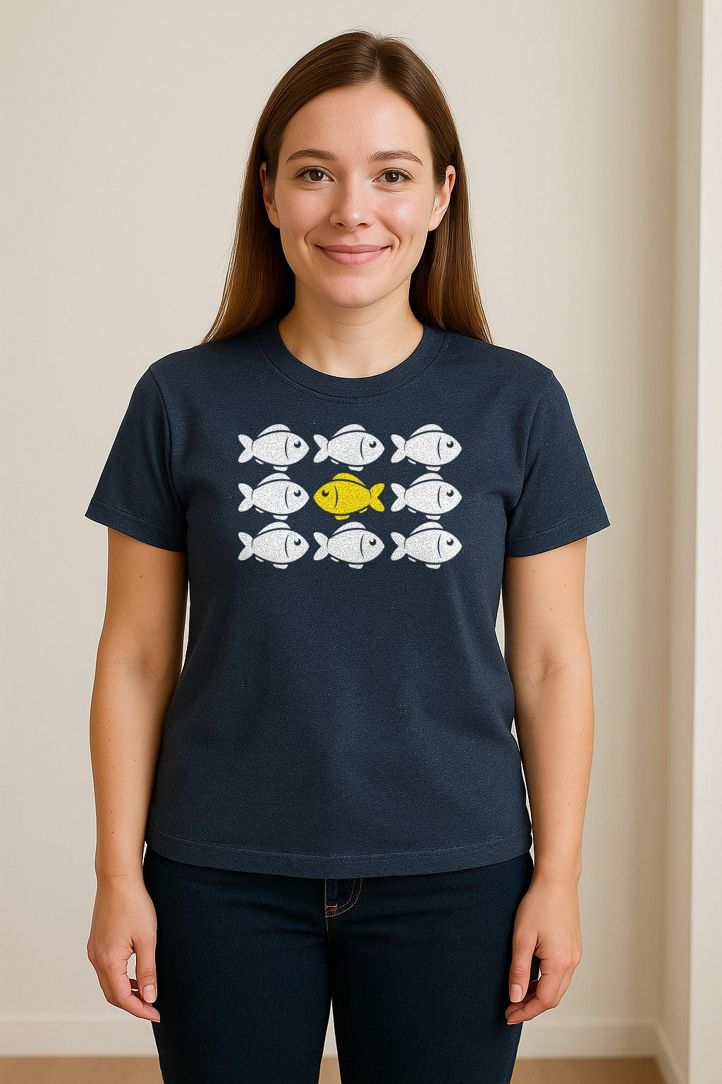 Individuality T-Shirt, One Yellow Fish in a School Design for Educators, Counselors and Mentors