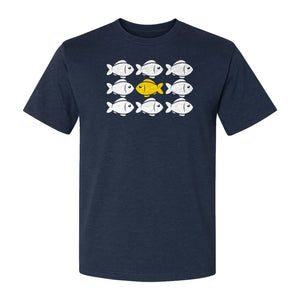 Individuality T-Shirt, One Yellow Fish in a School Design for Educators, Counselors and Mentors