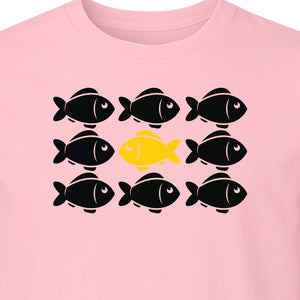 Individuality T-Shirt, One Yellow Fish in a School Design for Educators, Counselors and Mentors