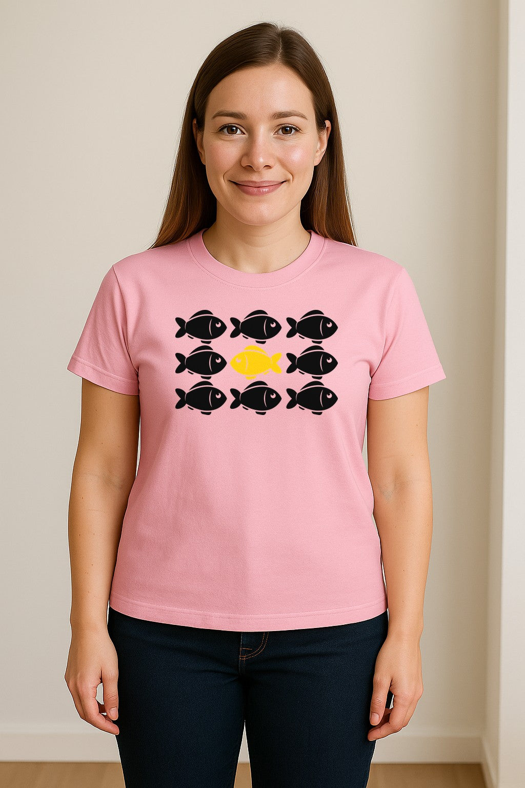 Individuality T-Shirt, One Yellow Fish in a School Design for Educators, Counselors and Mentors