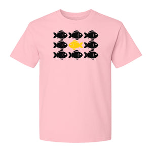 Individuality T-Shirt, One Yellow Fish in a School Design for Educators, Counselors and Mentors