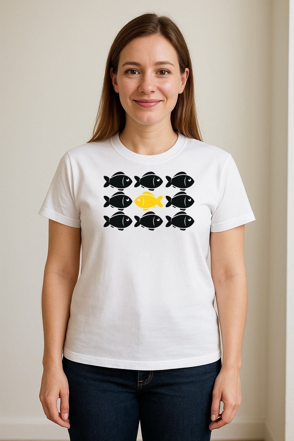 Individuality T-Shirt, One Yellow Fish in a School Design for Educators, Counselors and Mentors