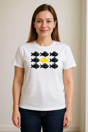 Individuality T-Shirt, One Yellow Fish in a School Design for Educators, Counselors and Mentors