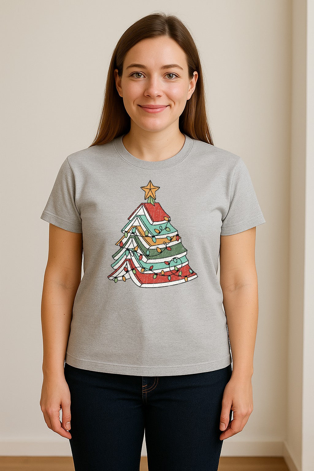 Stacked Book Christmas Tree T-Shirt, Holiday Design for Readers, Teachers and Festive Gatherings