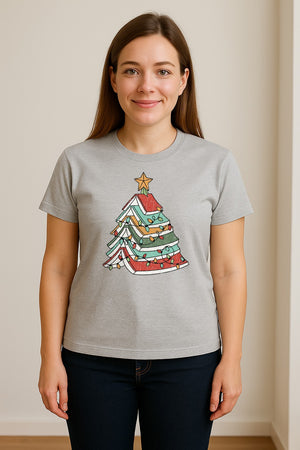 Stacked Book Christmas Tree T-Shirt, Holiday Design for Readers, Teachers and Festive Gatherings