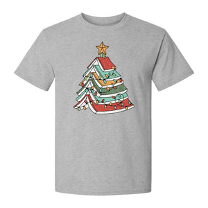 Stacked Book Christmas Tree T-Shirt, Holiday Design for Readers, Teachers and Festive Gatherings