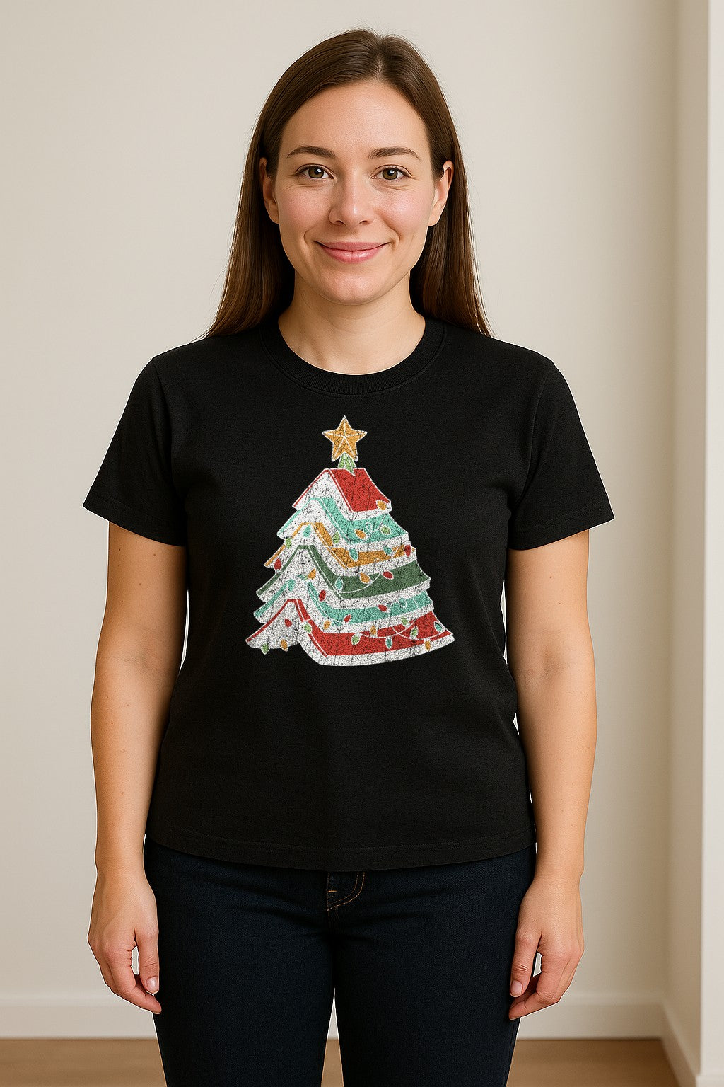 Stacked Book Christmas Tree T-Shirt, Holiday Design for Readers, Teachers and Festive Gatherings