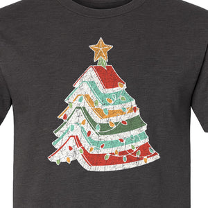 Stacked Book Christmas Tree T-Shirt, Holiday Design for Readers, Teachers and Festive Gatherings