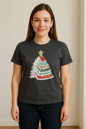 Stacked Book Christmas Tree T-Shirt, Holiday Design for Readers, Teachers and Festive Gatherings
