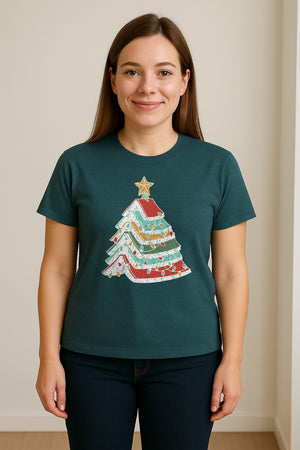 Stacked Book Christmas Tree T-Shirt, Holiday Design for Readers, Teachers and Festive Gatherings