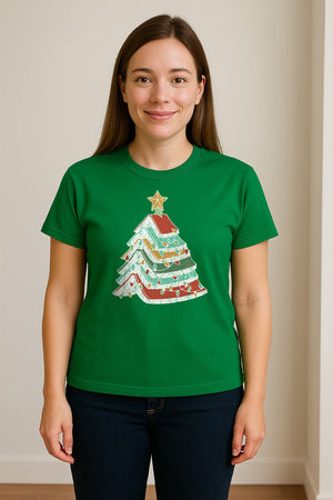 Stacked Book Christmas Tree T-Shirt, Holiday Design for Readers, Teachers and Festive Gatherings