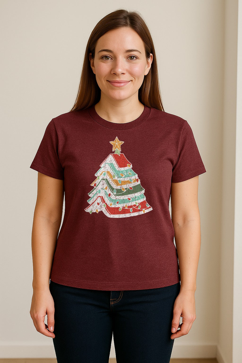 Stacked Book Christmas Tree T-Shirt, Holiday Design for Readers, Teachers and Festive Gatherings