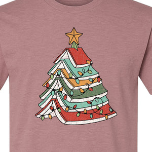 Stacked Book Christmas Tree T-Shirt, Holiday Design for Readers, Teachers and Festive Gatherings
