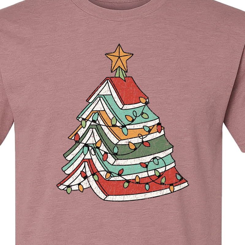 Stacked Book Christmas Tree T-Shirt, Holiday Design for Readers, Teachers and Festive Gatherings