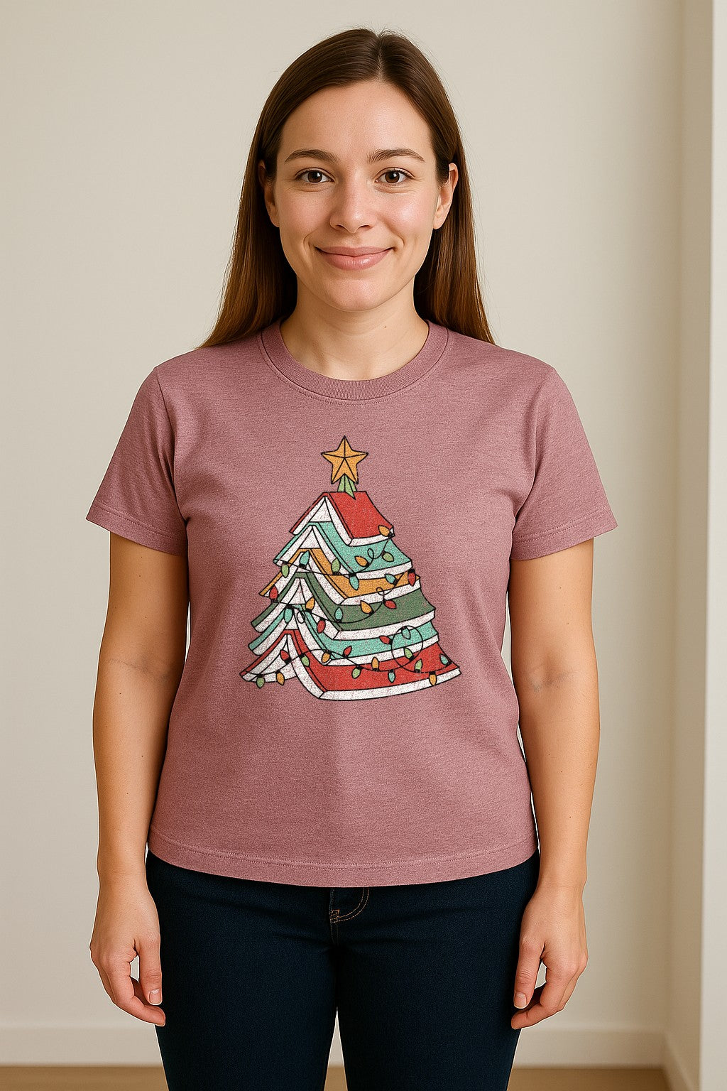 Stacked Book Christmas Tree T-Shirt, Holiday Design for Readers, Teachers and Festive Gatherings