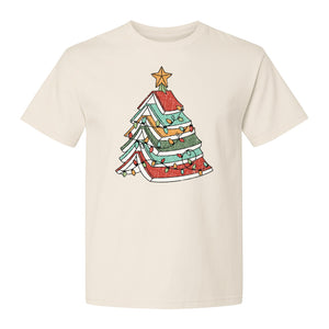 Stacked Book Christmas Tree T-Shirt, Holiday Design for Readers, Teachers and Festive Gatherings