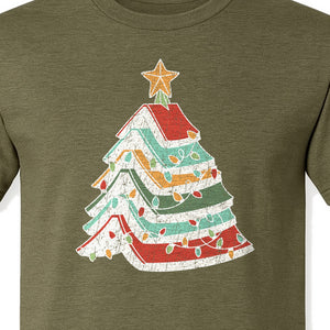 Stacked Book Christmas Tree T-Shirt, Holiday Design for Readers, Teachers and Festive Gatherings