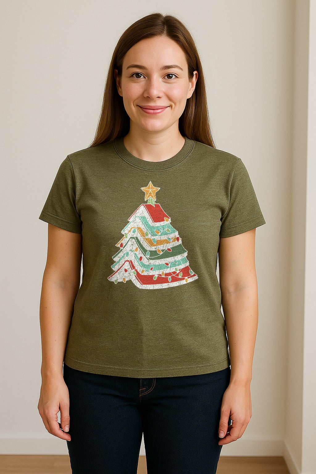 Stacked Book Christmas Tree T-Shirt, Holiday Design for Readers, Teachers and Festive Gatherings