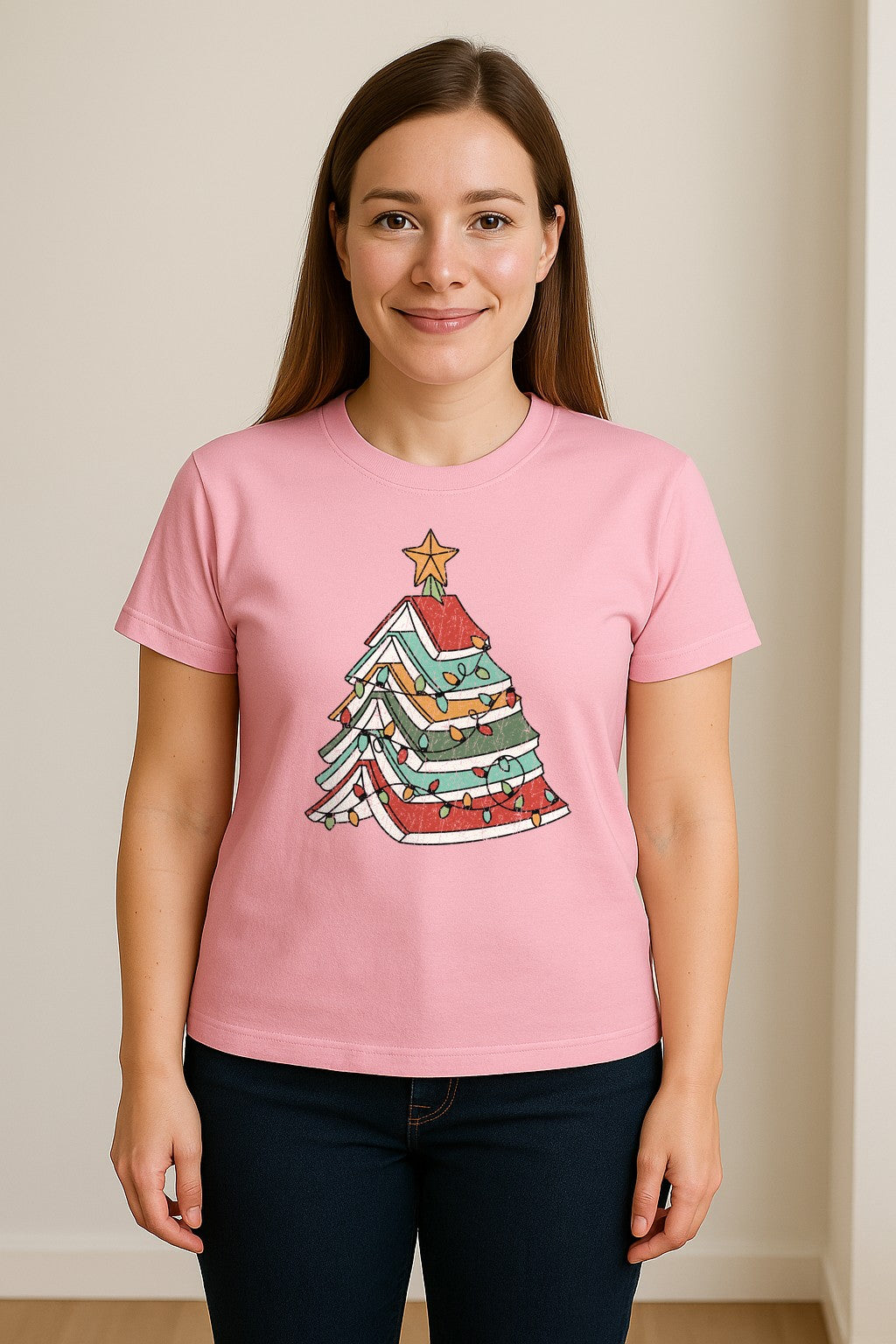 Stacked Book Christmas Tree T-Shirt, Holiday Design for Readers, Teachers and Festive Gatherings