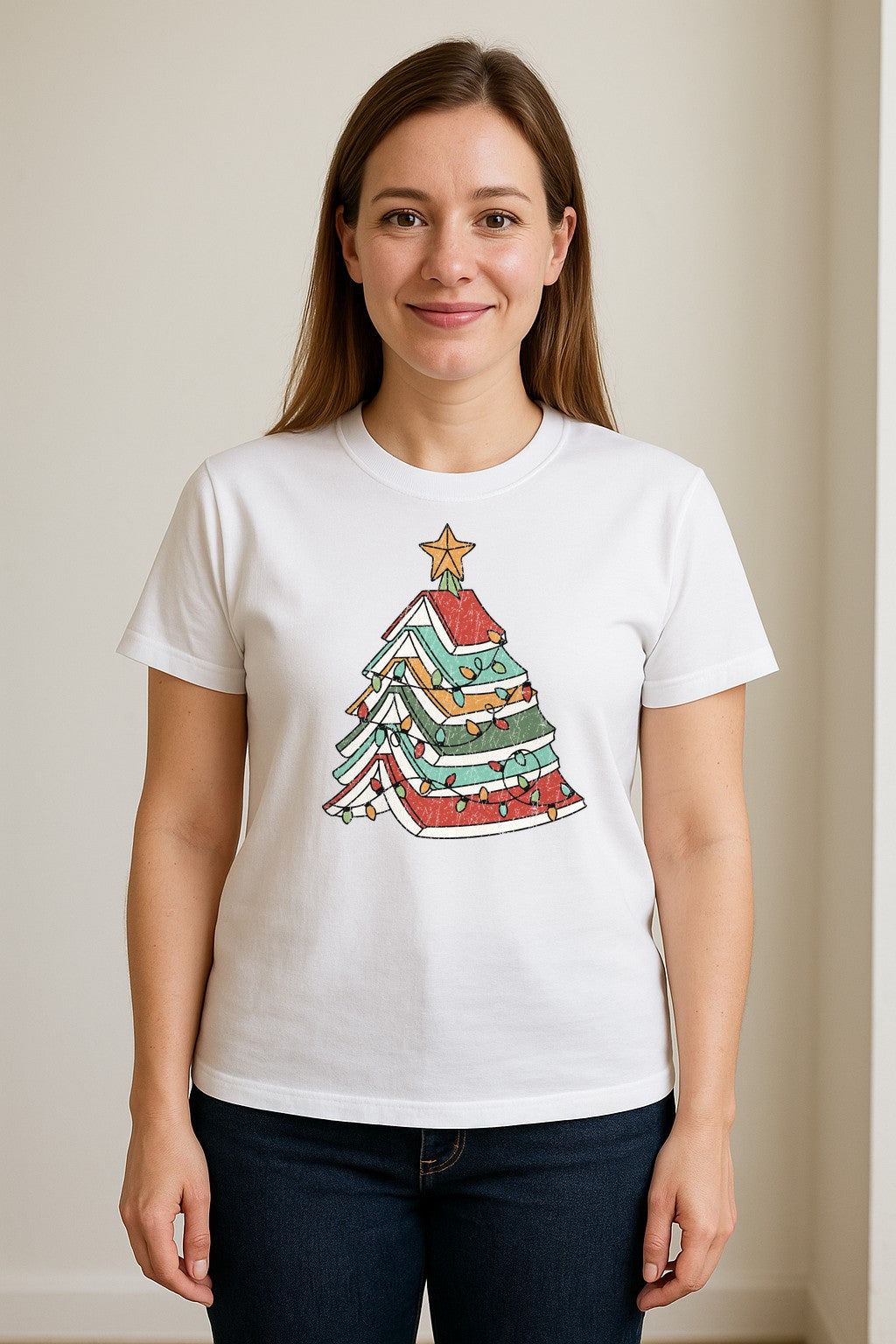 Stacked Book Christmas Tree T-Shirt, Holiday Design for Readers, Teachers and Festive Gatherings