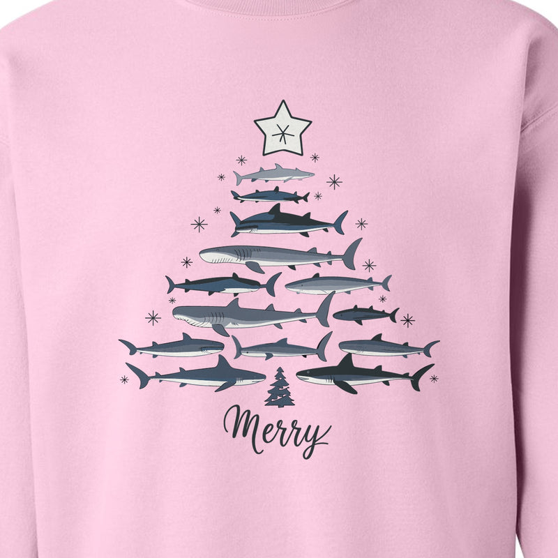 Shark Christmas Tree Sweatshirt, Merry Ocean Animal Holiday Graphic for Marine Life Fans