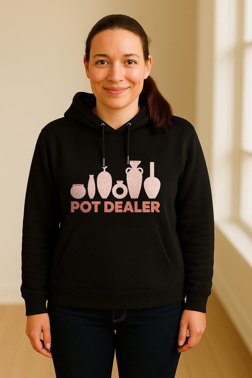 Pot Dealer Hoodie, Funny Pottery Artist Pullover with Ceramic Vessels for Ceramicists and Clay Crafters