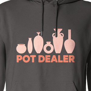 Pot Dealer Hoodie, Funny Pottery Artist Pullover with Ceramic Vessels for Ceramicists and Clay Crafters