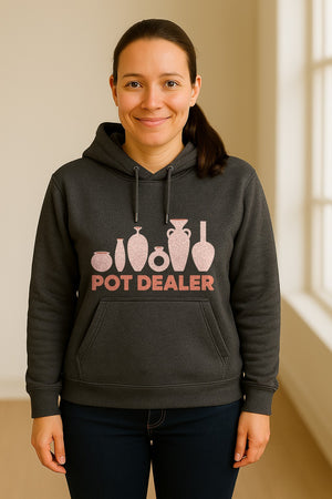 Pot Dealer Hoodie, Funny Pottery Artist Pullover with Ceramic Vessels for Ceramicists and Clay Crafters