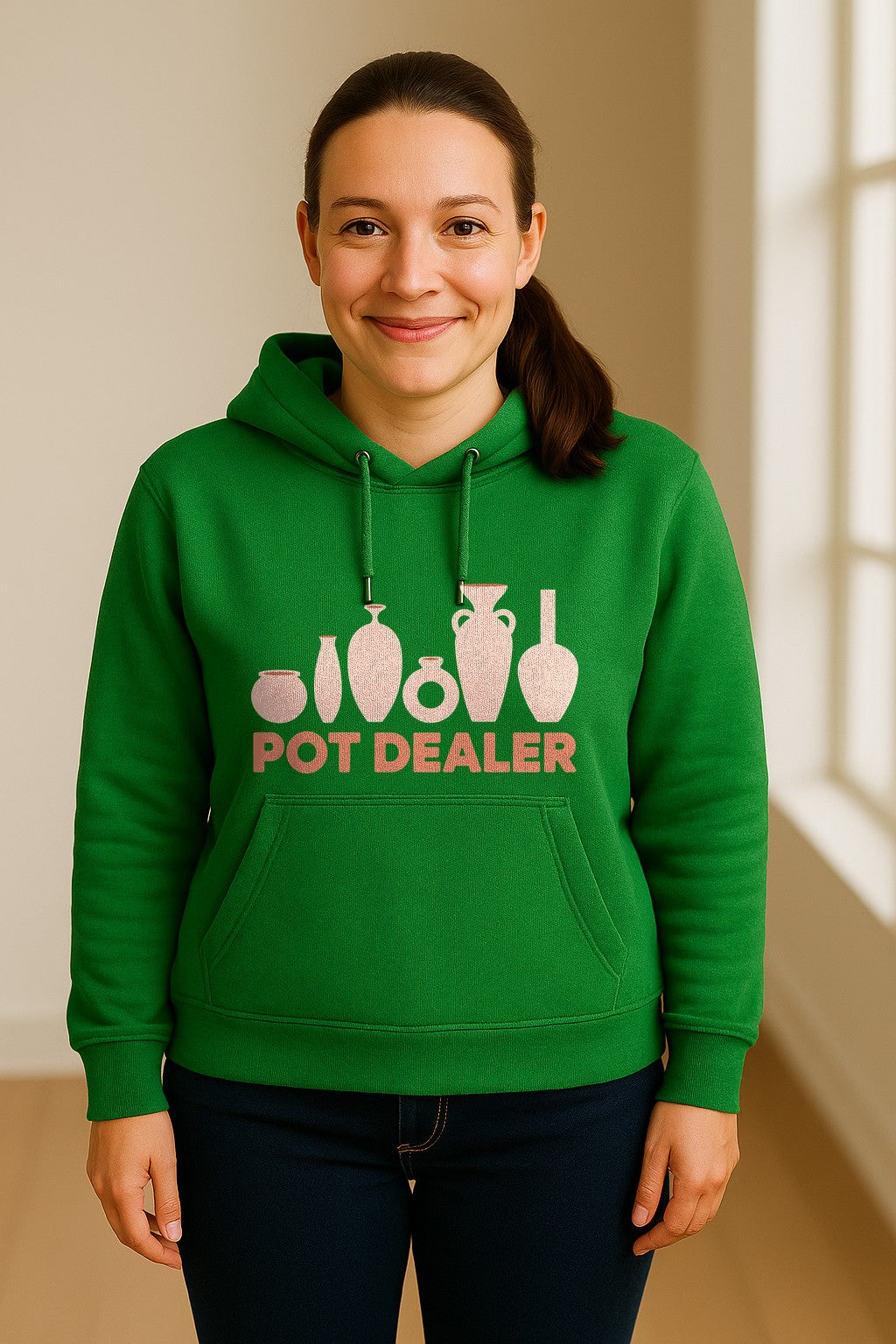Pot Dealer Hoodie, Funny Pottery Artist Pullover with Ceramic Vessels for Ceramicists and Clay Crafters