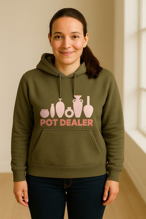 Pot Dealer Hoodie, Funny Pottery Artist Pullover with Ceramic Vessels for Ceramicists and Clay Crafters