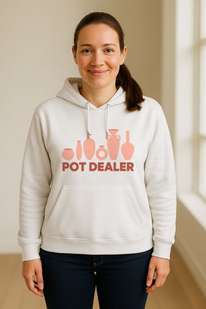 Pot Dealer Hoodie, Funny Pottery Artist Pullover with Ceramic Vessels for Ceramicists and Clay Crafters