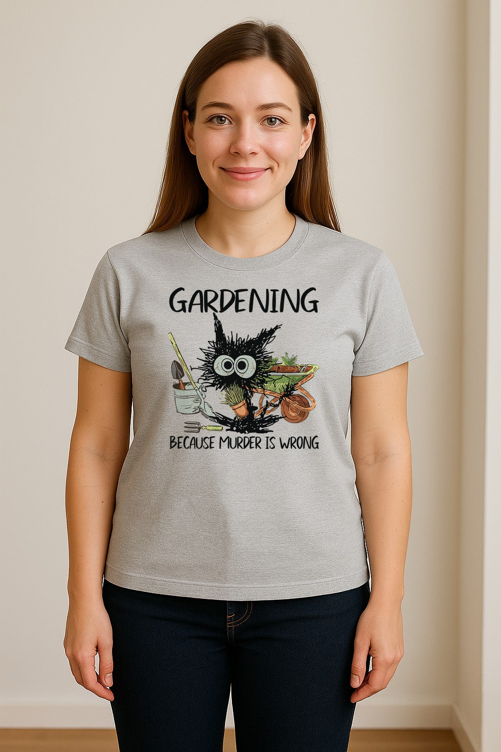 Gardening T-Shirt, Black Cat Because Murder Is Wrong Funny Plant Lover Gift