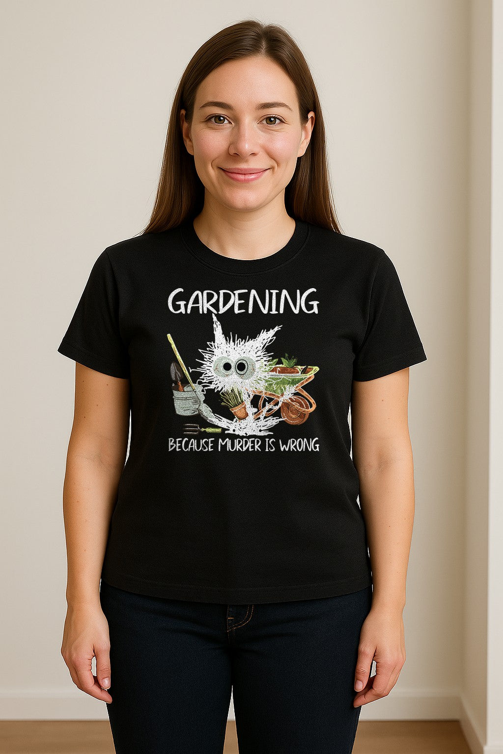 Gardening T-Shirt, Black Cat Because Murder Is Wrong Funny Plant Lover Gift